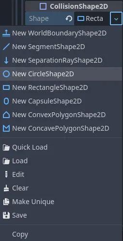 Drop-down of shape property on CollisionShape2D node highlighting New CircleShape2D